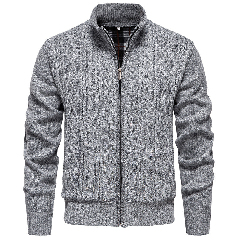 Men's Chunky Knit Cardigan with Cable Pattern, Stand-up Collar and Checked Inner Lining