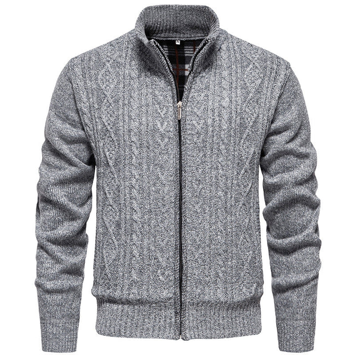 Men's Chunky Knit Cardigan with Cable Pattern, Stand-up Collar and Checked Inner Lining