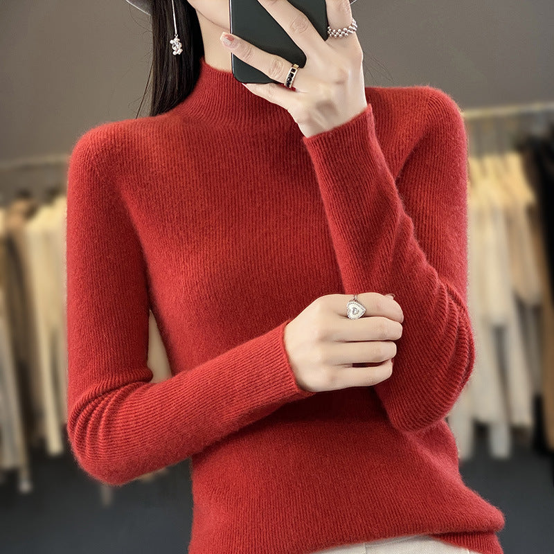 Women's Slim Fine Knit Mock Neck Sweater made of Fine Angora Blend