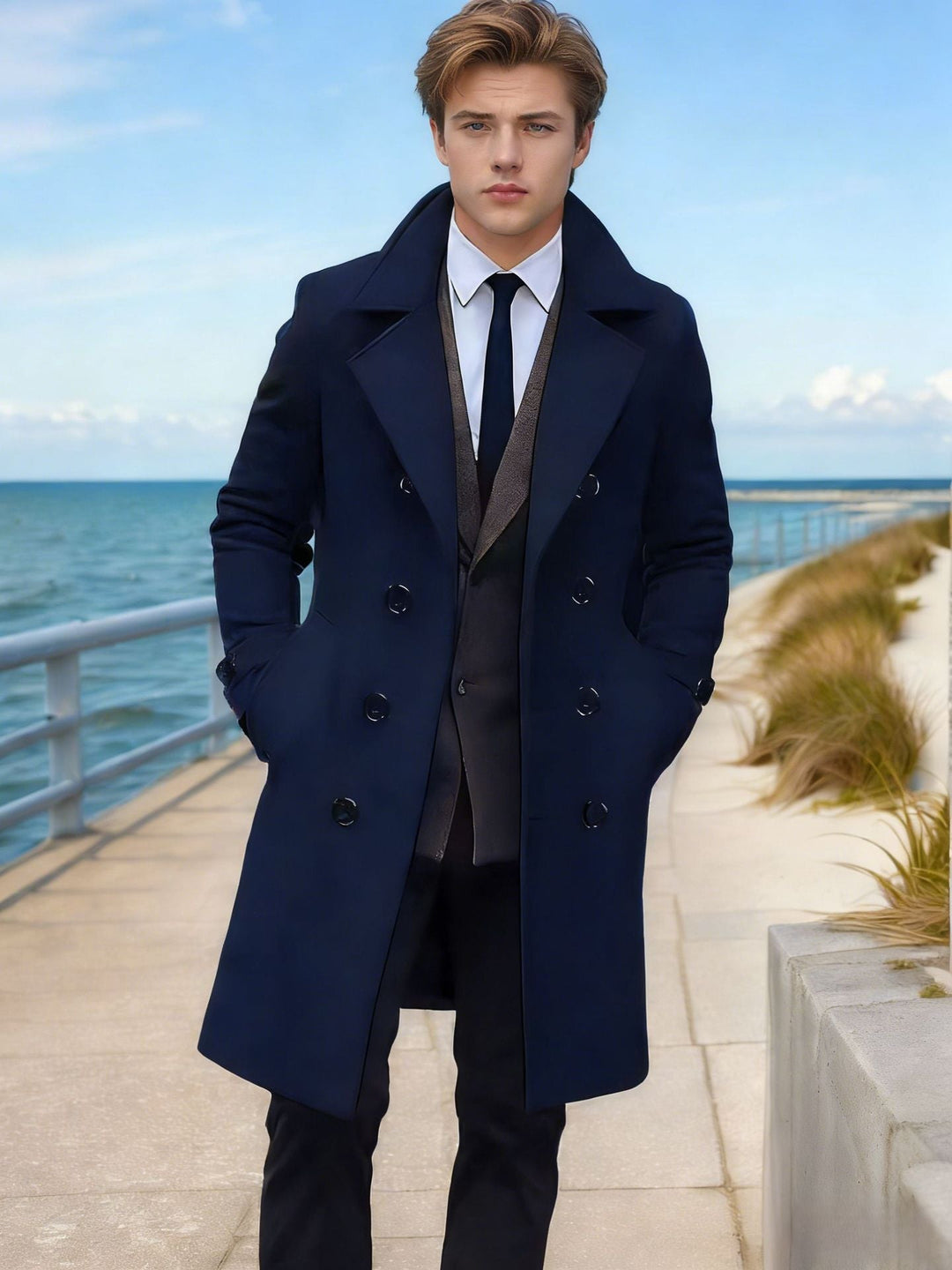 Men's Elegant Single-Breasted Long Coat made of Wool Blend with Slim Silhouette and Lapel Collar