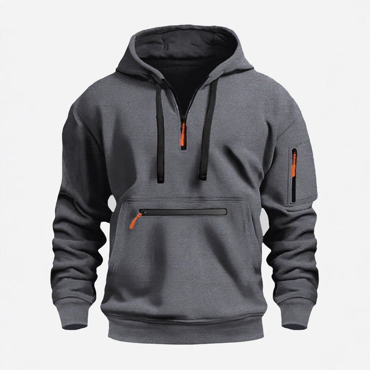 Men's Hoodie with Half Zip, Kangaroo Pocket and Hidden Zippers