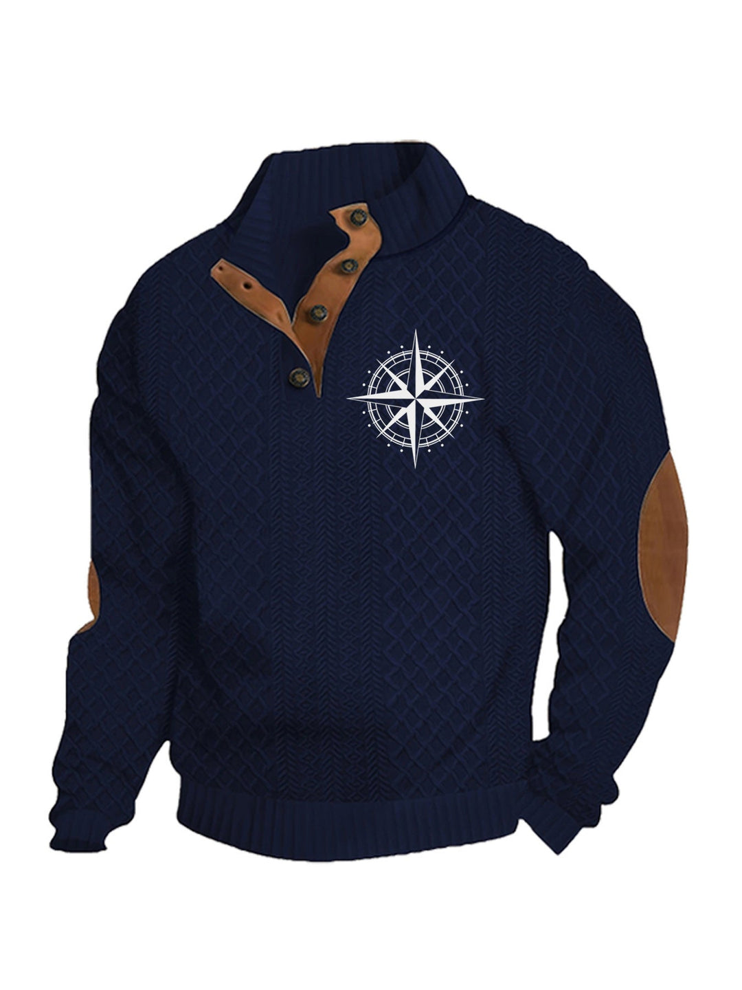 Men's Heritage Textured Pullover with Stand-up Collar Faux Leather Trim Elbow Patches and Half-button Placket