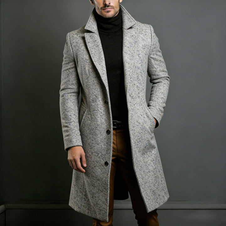 Men's Elegant Single-Breasted Long Coat made of Wool Blend with Slim Silhouette and Lapel Collar