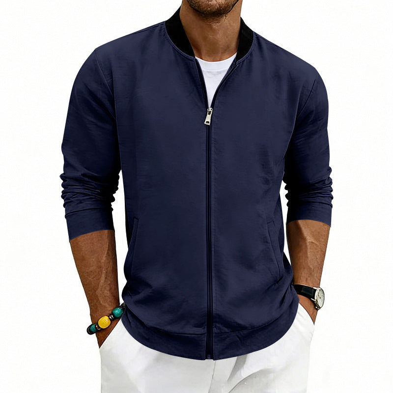Men's Lightweight Bomber Jacket made of Jersey with Stand-up Collar, Elastic Cuffs, and Concealed Pockets