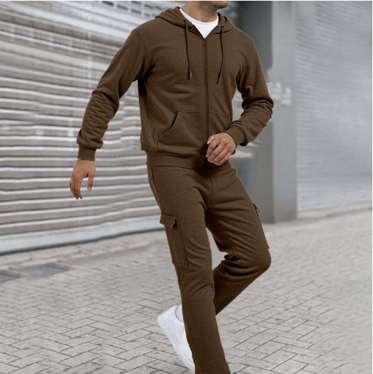 Men's Sporty Zip Sweat Set with Cargo Joggers, Ergonomic Seams, and Ribbed Cuffs