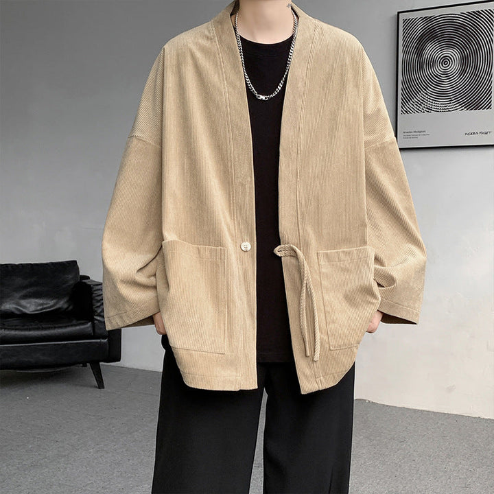 Men's Oversized Cord Kimono Cardigan with Drawstring, Patch Pockets and Drop Sleeves