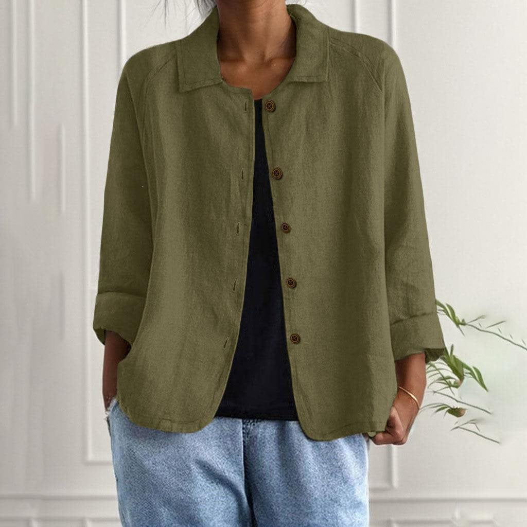 Women's Oversized Linen Shirt Jacket with Shirt Collar, 3/4 Sleeves and Continuous Button Placket