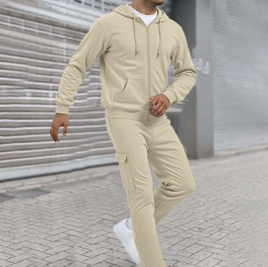Men's Sporty Zip Sweat Set with Cargo Joggers, Ergonomic Seams, and Ribbed Cuffs