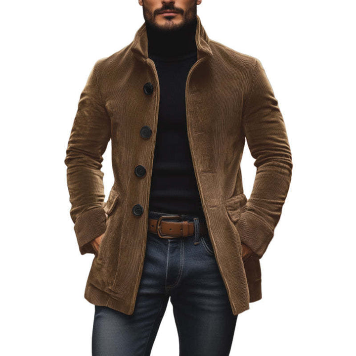 Men's Tailored Cord Coat with Stand-up Collar, Decorative Button Placket and Side Pockets