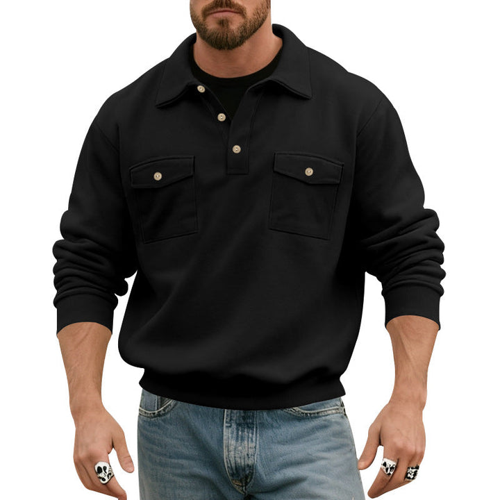 Men's Polo Collar Sweatshirt with Patch Chest Pockets and Ribbed Cuffs