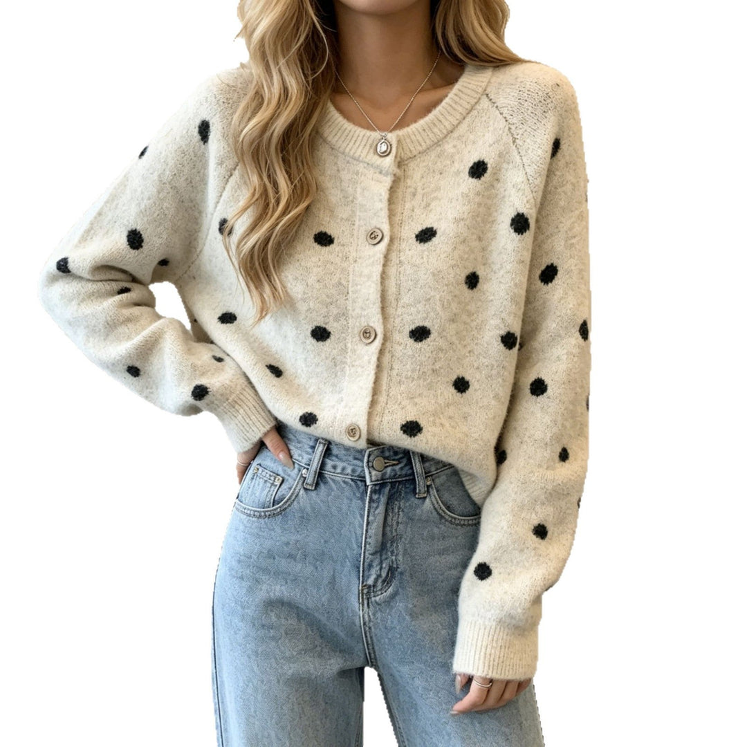 Women's Polka Dot Mohair-Style Button Cardigan with Round Neck