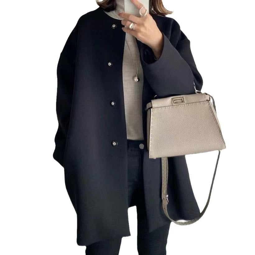 Women Oversized Wool Blend Coat with Pearl Buttons and Straight Cut