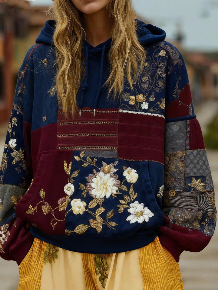 Women's Embroidered Patchwork Hoodie with Flower Applique and Kangaroo Pocket