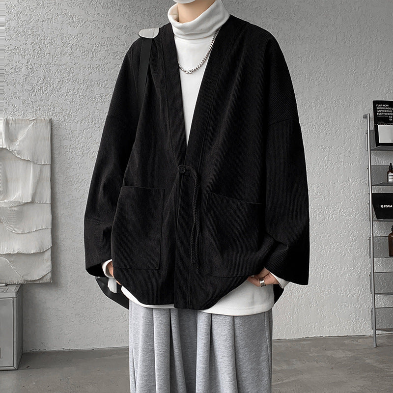 Men's Oversized Cord Kimono Cardigan with Drawstring, Patch Pockets and Drop Sleeves