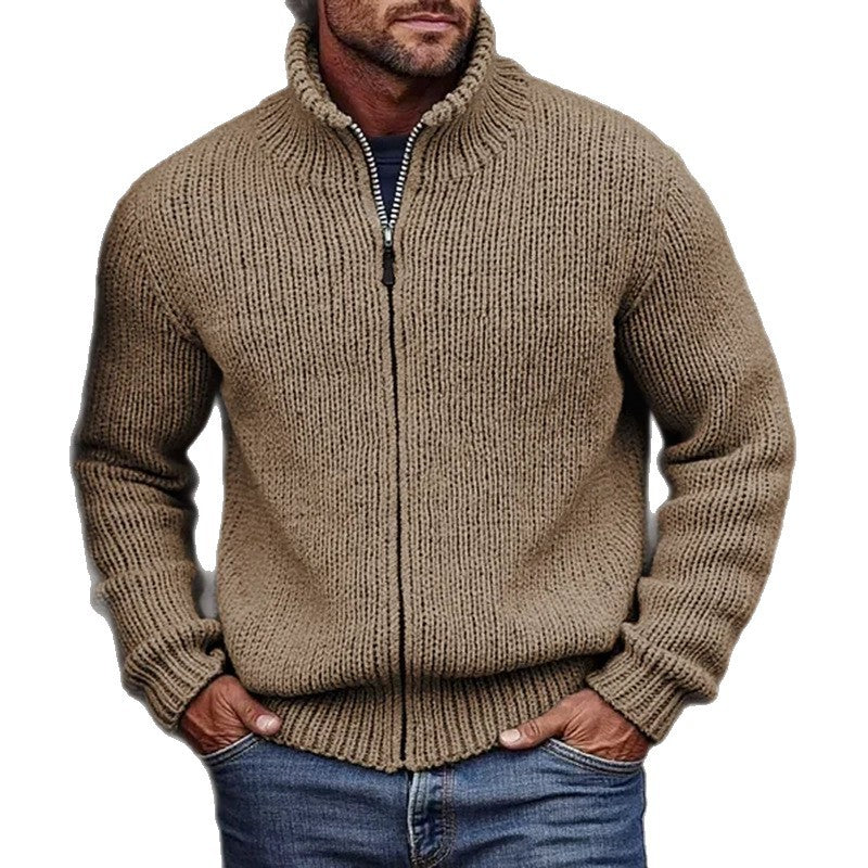 Men's Chunky Knit Cardigan with Stand-up Collar and Continuous Zipper