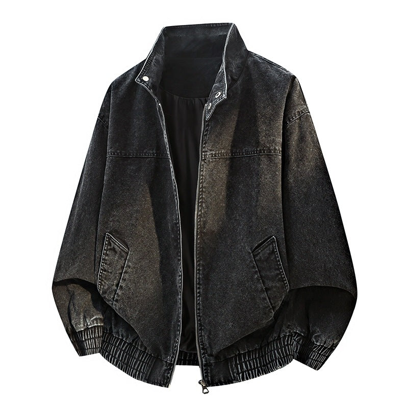 Men's Oversized Bomber Jacket in Used Effect with Stand-Up Collar, Elastic Band and Flap Pockets