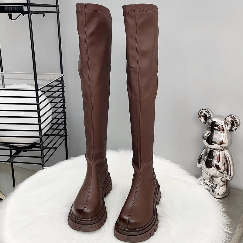Women's Thigh-High Stretch Boots with Sleek Shaft and Shaped Platform Sole