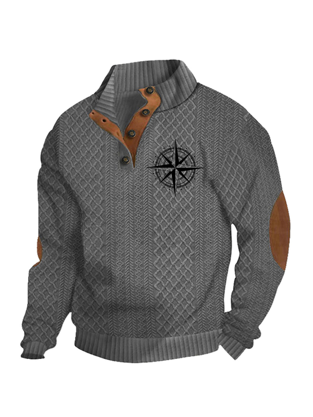 Men's Heritage Textured Pullover with Stand-up Collar Faux Leather Trim Elbow Patches and Half-button Placket