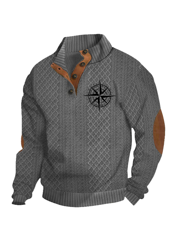 Men's Heritage Textured Pullover with Stand-up Collar Faux Leather Trim Elbow Patches and Half-button Placket