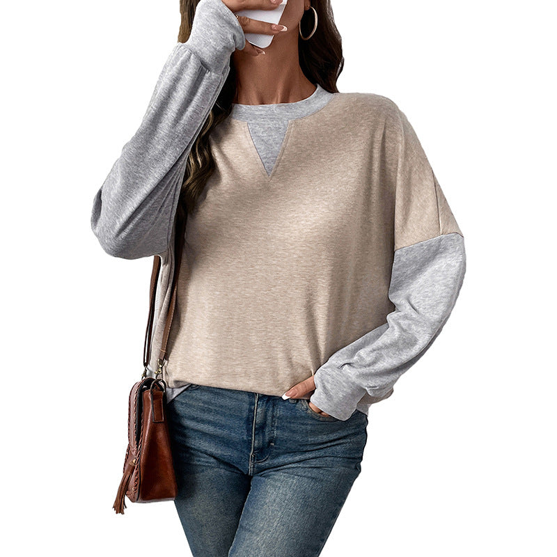 Women's Two-Tone Oversized Long Sleeve Sweater with Contrast Sleeves and V-Seam