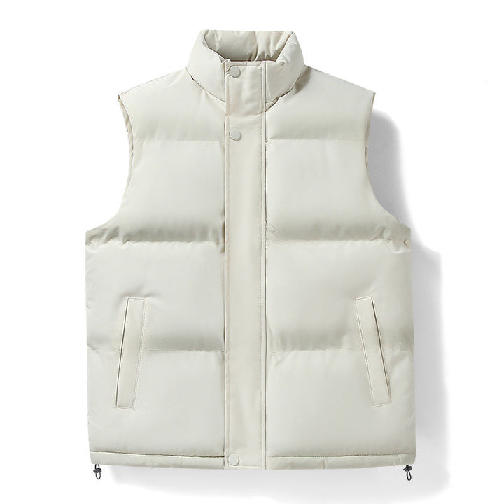 Men's Warm Quilted Outdoor Vest with High Stand-up Collar, Concealed Snap Placket, and Adjustable Hem