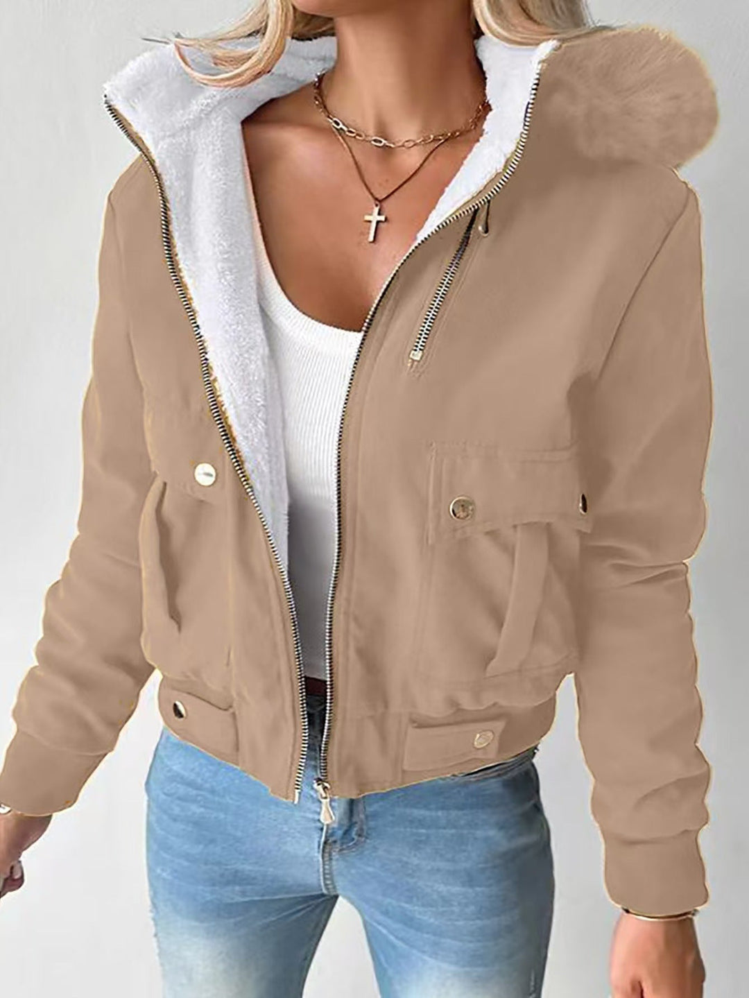 Women's Short Blouson Winter Jacket with Teddy Lining and Removable Faux Fur Hood
