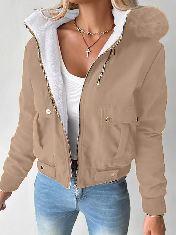Women's Short Blouson Winter Jacket with Teddy Lining and Removable Faux Fur Hood