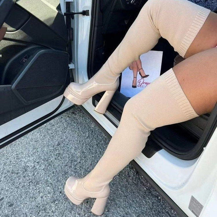 Women's Over-the-knee Boots with Platform Sole and Elastic Shaft Construction