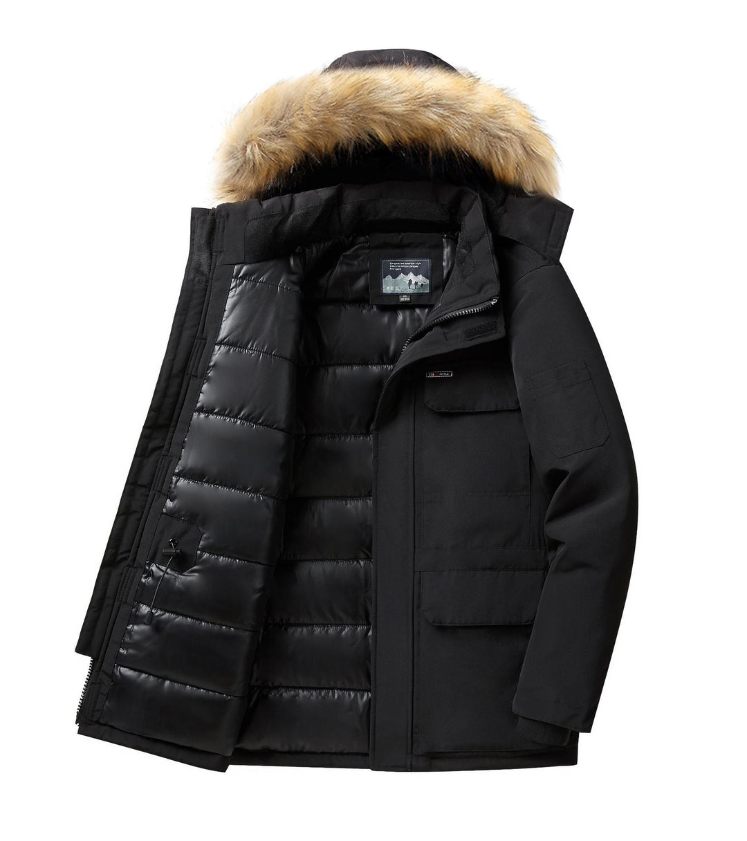 Men's Thermal Parka with Removable Faux Fur Hood, Windproof and Water-repellent