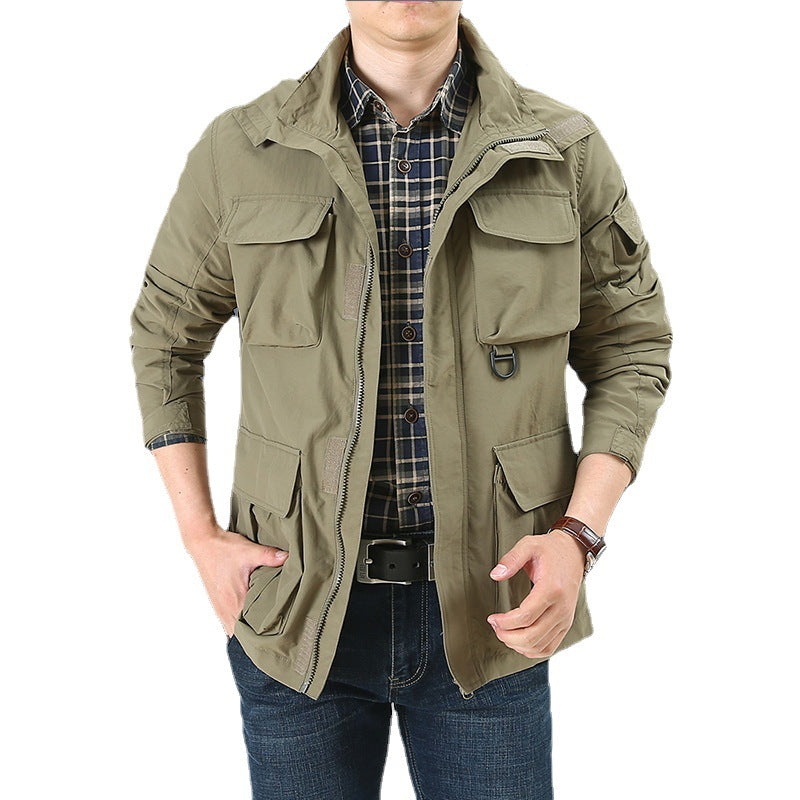 Men's Multifunctional Utility Field Jacket with Numerous Flap and Zippered Pockets as Well as D-ring