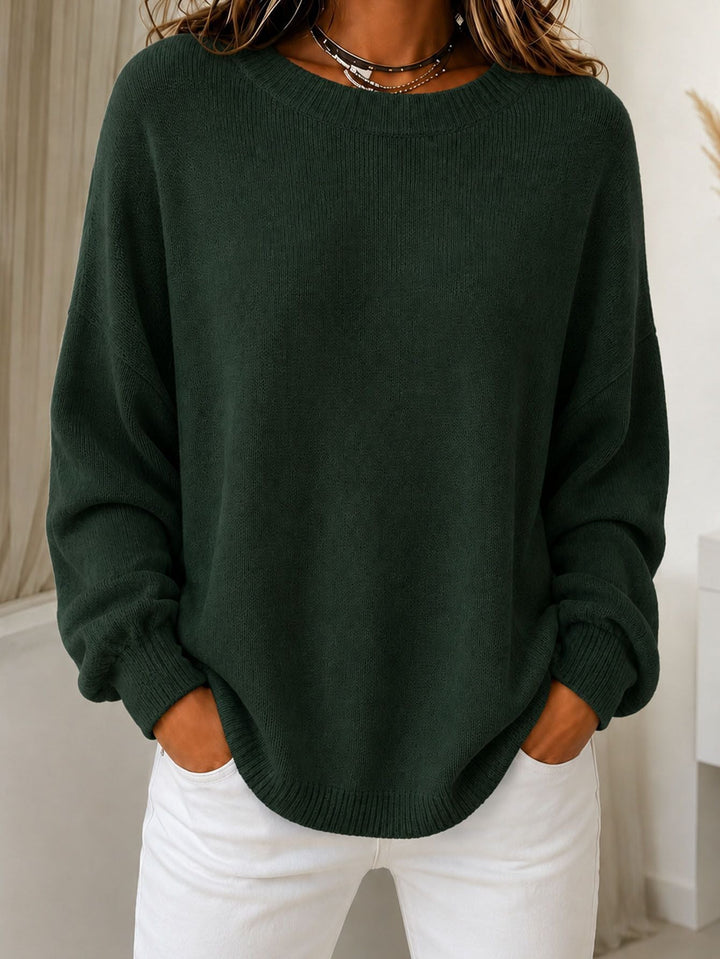 Women Light Cashmere-Touch Sweater with Round Neck, Dropped Shoulder and Ribbed Cuffs
