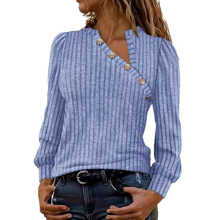 Women's Ribbed Fine Knit Sweater with Asymmetrical Button Placket