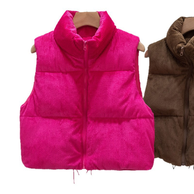 Women's Padded Cord Quilted Vest with Stand-up Collar and Drawstring
