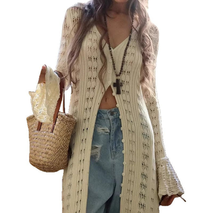 Women Long Crochet Knit Cardigan with Bell Sleeves and Open Front