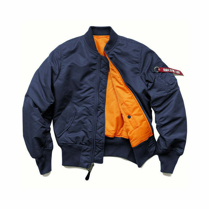 Men's Flight Bomber Jacket with Contrasting Inner Lining, Utility Arm Pocket, and Ribbed Cuffs