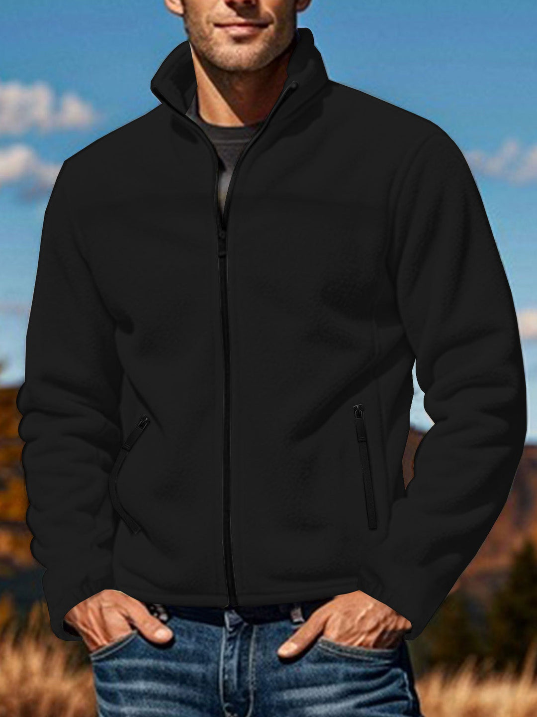 Men's Fleece Jacket with Zipper, Stand-up Collar and Zip Pockets