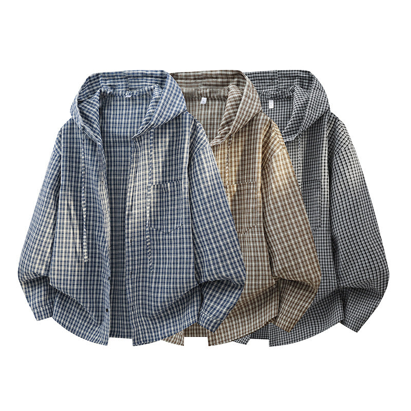 Men's Checked Overshirt Hoodie made of Cotton Blend with Hood & Relaxed Fit