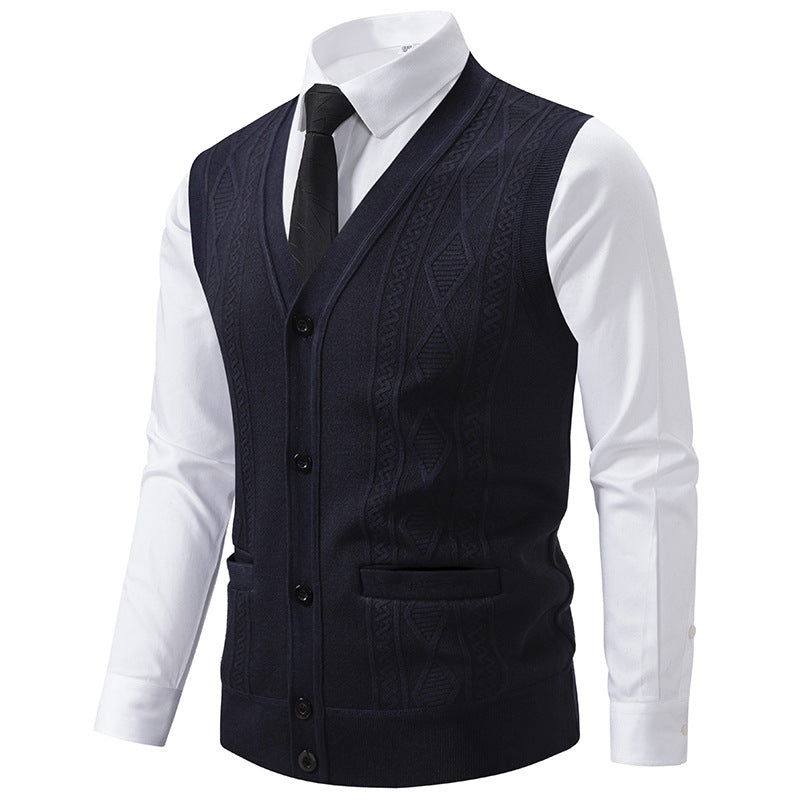 Men's V-neck Knitted Vest with Cable Pattern, Continuous Button Placket and Patch Pockets