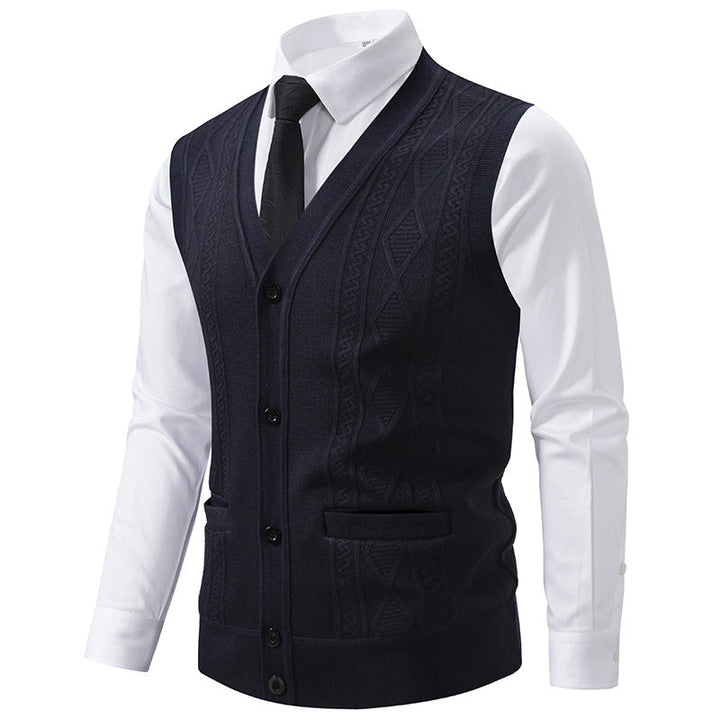 Men's V-neck Knitted Vest with Cable Pattern, Continuous Button Placket and Patch Pockets