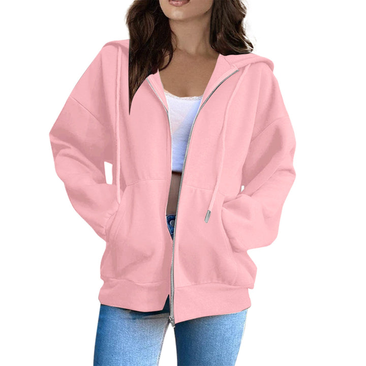 Women's Casual Hoodie Jacket with Continuous Zipper, Kangaroo Pockets, and Voluminous Raglan Sleeves