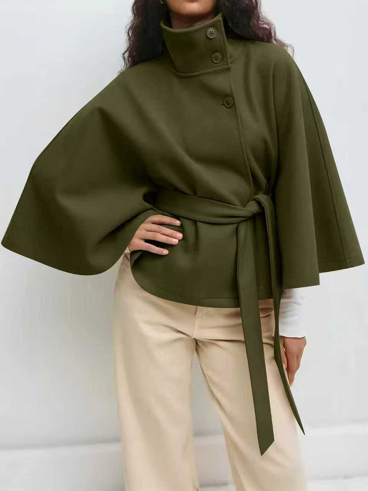 Women's Widely Cut Cape Coat with High Stand-up Collar, Button Placket, and Tie Belt