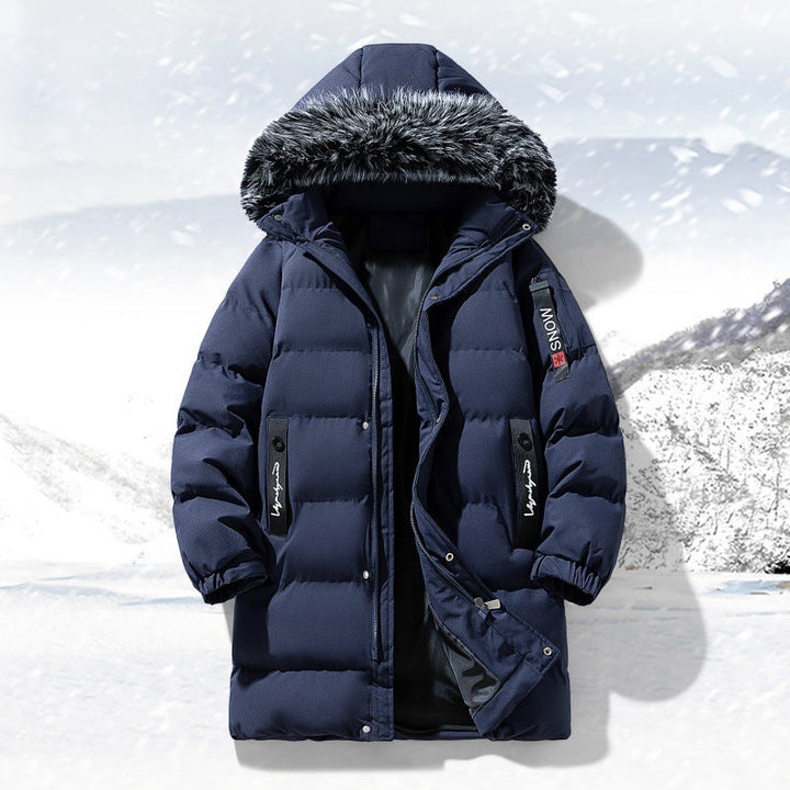 Men's Longer Quilted Parka with Hood and Faux Fur Trim