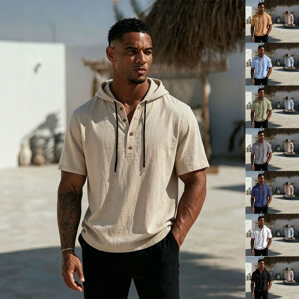 Men's Short Sleeve Hoodie Henley in Linen Look with Button Placket
