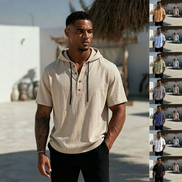 Men's Short Sleeve Hoodie Henley in Linen Look with Button Placket