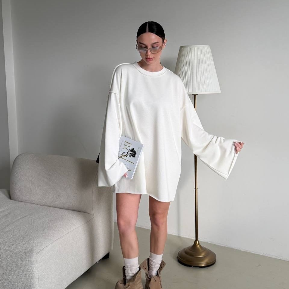 Women Oversized Sweater Dress with Wide Trumpet Sleeves