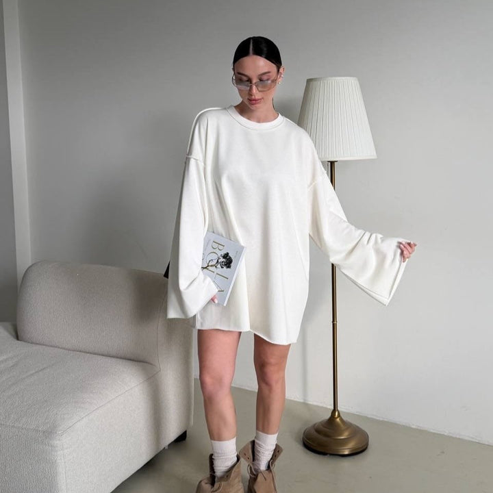 Women Oversized Sweater Dress with Wide Trumpet Sleeves