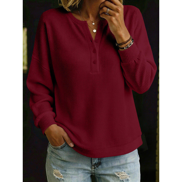Women's Waffle Knit Henley Sweater with Oversized Cut
