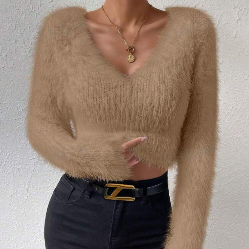 Women's Fluffy Crop Sweater with V-Neck and Eyelash Structure