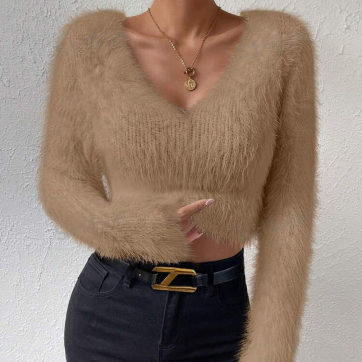 Women's Fluffy Crop Sweater with V-Neck and Eyelash Structure