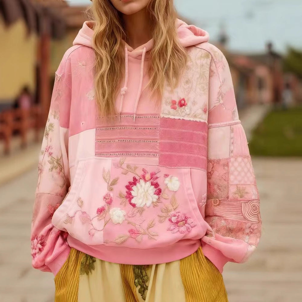 Women's Embroidered Patchwork Hoodie with Flower Applique and Kangaroo Pocket